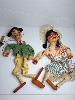 Vintage Marionette Puppet Pair in Green, Yellow, Blue & Cream